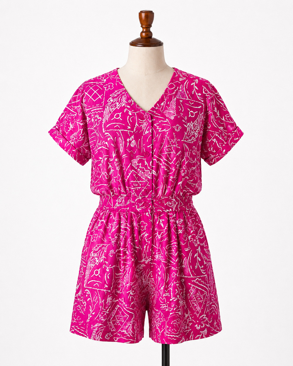 Vintage 80s Access Women's M Playful Short Sleeve Romper Colorful Vibrant Pink